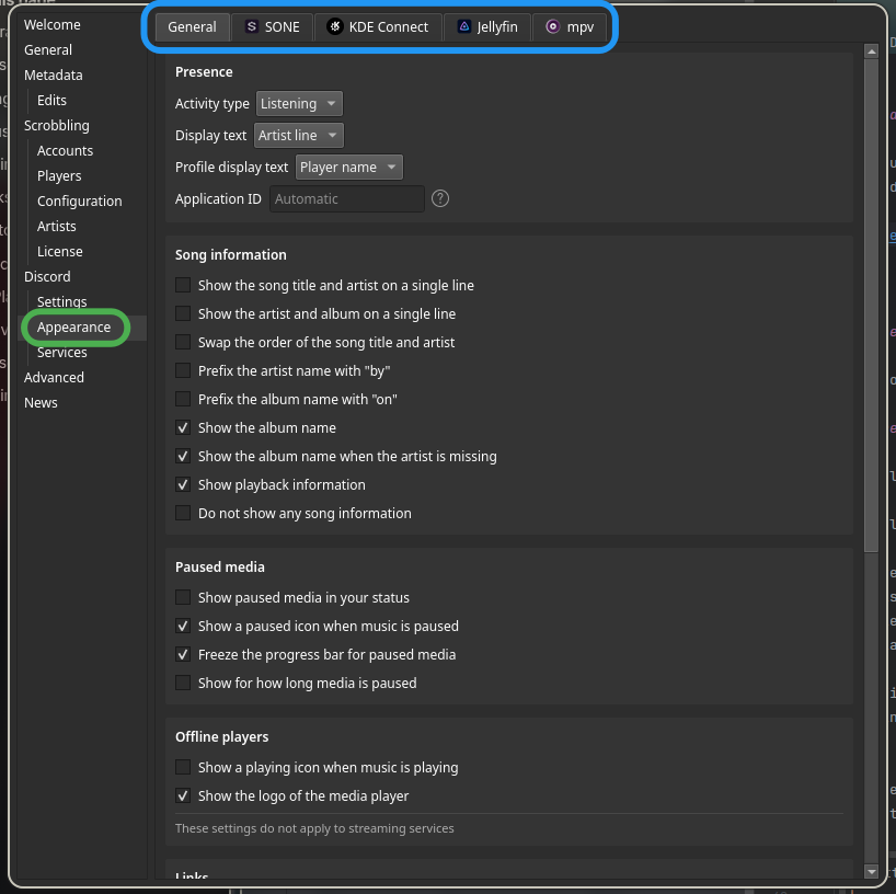 Screenshot of the appearance settings tab