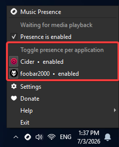 Toggling from tray menu